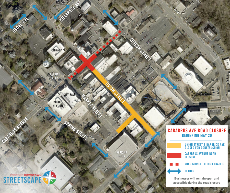 Map showing the Cabarrus Ave Intersection closures and detour, and the Streetscape project construction closures